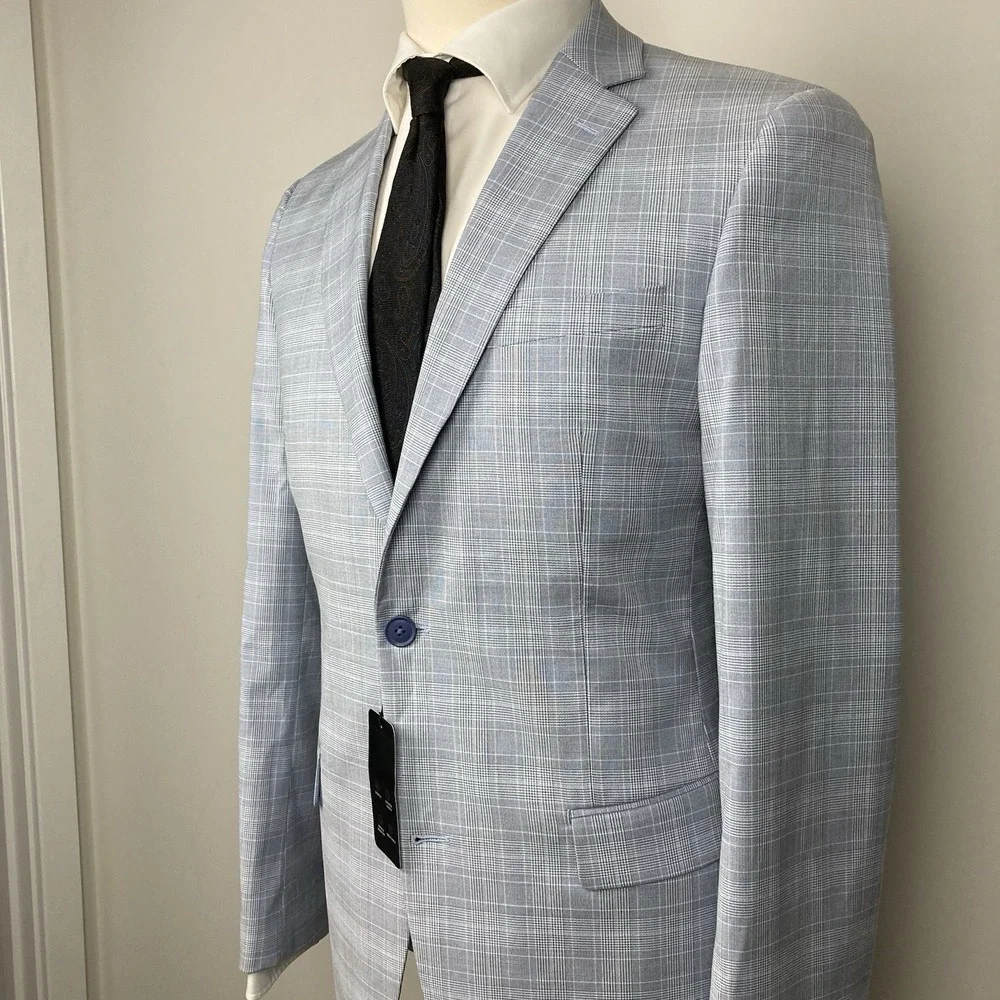 Alfani Men's Slim-Fit 2-pc Suit Jacket Stretch Plaid Size 38L Pants 30Wx30L Blue